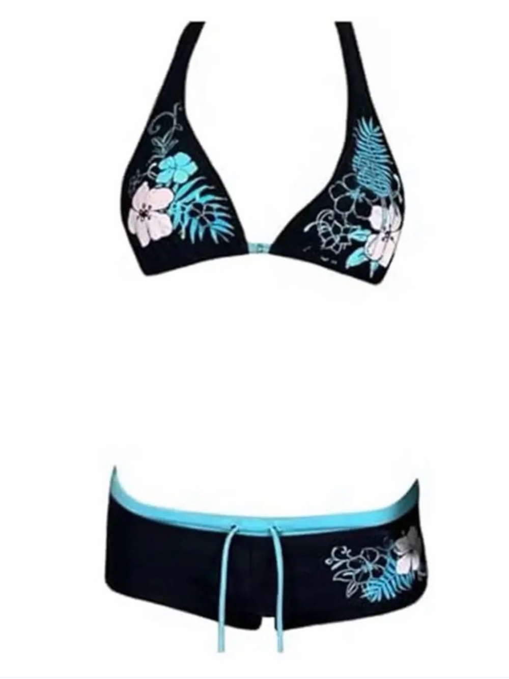 Black Floral Triangle Bikini Set with Aqua Trim